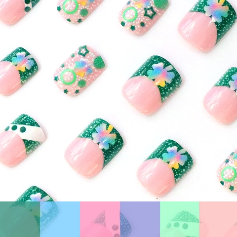 Short Square Press On Nails Green French Four-Leaf Clover St Patricks Day Glitter Sweet False Nails For Women