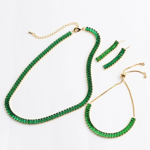 Bijoux De Tennis En Zircon Rectangulaire Cuivre Plaqué Or Collier Bracelet Boucles D'oreilles Coloré Géométrique Mode Femmes