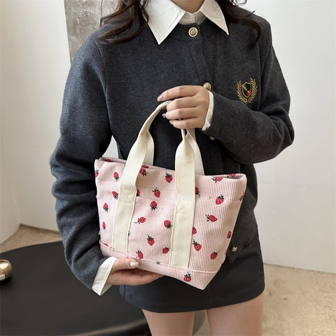 Women Cute Strawberry Print Corduroy Tote Handbag Casual Small Shoulder Bag Japanese Style Soft Ribbed Purse