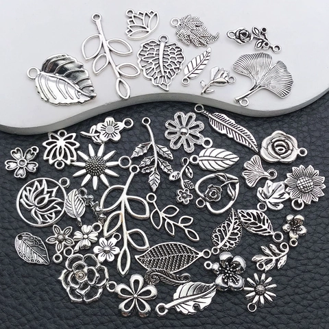 Plant Charms Mixed Flower Leaf Branch Hollow Design Antique Silver Alloy For DIY Jewelry Necklace Bracelet Making Crafts
