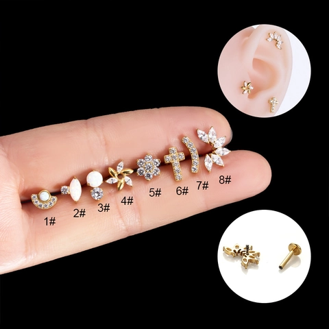 Gioielli Per Piercing Labret In Titanio G23 Con Zirconia E Opale Filettatura Interna Retro Piatto Forme Di Fiori E Croce