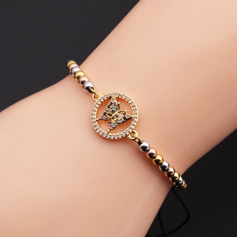 Butterfly Pendant Bracelet Copper Multicolored Zircon Adjustable Charm Beaded Chain Jewelry For Women