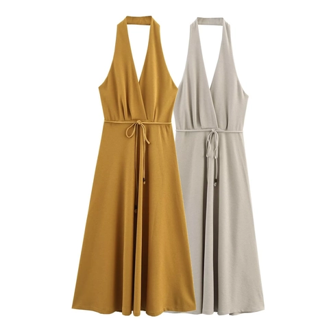 Women Halter Neck Maxi Dress Polyester Deep V Backless Drawstring Waist Solid Color Elegant Summer Long Dress
