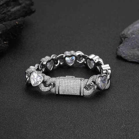 Bracciale a Catena Cubana Hip Hop In Ottone Con Zirconi a Cuore Iced Out Gioielli Per Uomo Donna Streetwear Stile