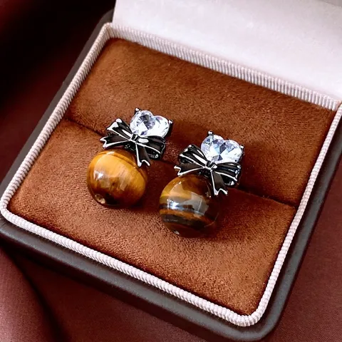 Orecchini Occhio Di Tigre Con Fiocco E Zircone A Cuore E Perno In Argento Accessori Di Gioielli Retro Per Donna