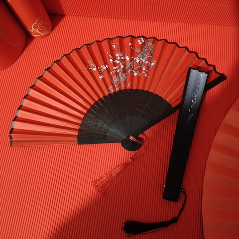 Traditioneller Chinesischer Faltfächer Satinnstoff Bambusrippen Mit Quaste Vintage Handfächer Dekorativ Elegant