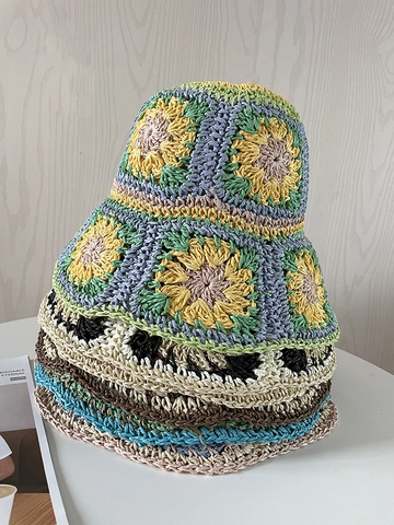 Chapeau Cloche En Paille Crocheté À La Main Patchwork Floral Respirant Protection Solaire Style Bohème Pour Femmes
