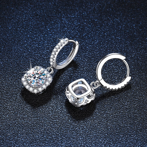 925 Sterling Silver Moissanite Halo Dangle Earrings For Women Square Round Cut Sparkly Stone Elegant Wedding Jewelry Gift