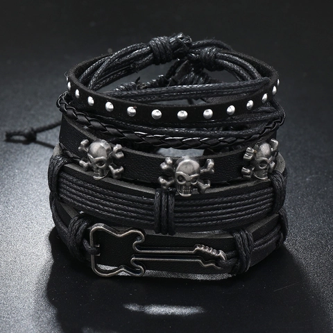 Bracciale da Uomo Punk Retro Multi-Strato in Pelle Corda di Canapa Lega Teschio Chitarra Pendente Intrecciato a Mano