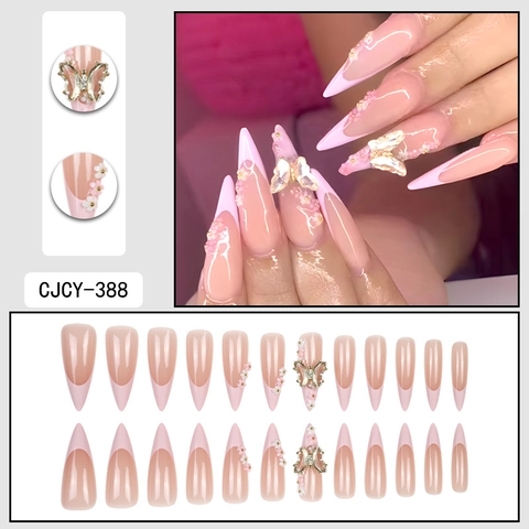 Uñas Postizas A Presión Francesas Rosa Stiletto Con Decoración 3D Mariposa Flor Diamante De Imitación Reutilizables Largas Puntiagudas