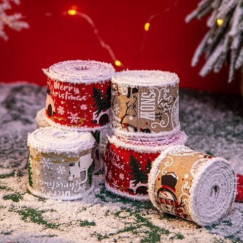 Christmas Ribbon Rolls Faux Burlap Plush Edge Snowman Red Truck Print Gift Wrapping Holiday Tree Decor Rustic Craft