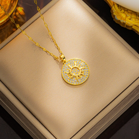 Luxus Titanstahl Sonne Anhänger Halskette Für Damen Runde Scheibe Strass Eingelegt Schlüsselbeinkette Mode Schmuck Geschenk