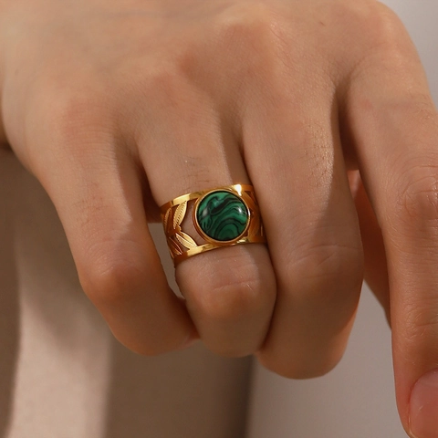Vintage Roestvrijstalen Blad Ring Met Ingelegde Malachiet Turkoois Stenen Goud Vergulde Open Ring Voor Vrouwen Elegante Franse Sieraden
