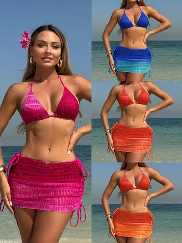 Haut De Bikini Dos Nu Culotte Triangle Et Jupe En Maille À Cordon Dégradé Texture Vague Tricot Crochet Sexy Plage Femmes