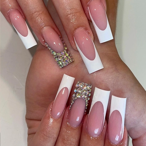 French Tip Press On Nails Long Square Pink Glossy False Nails With Rhinestones And Manicure Kit For Women