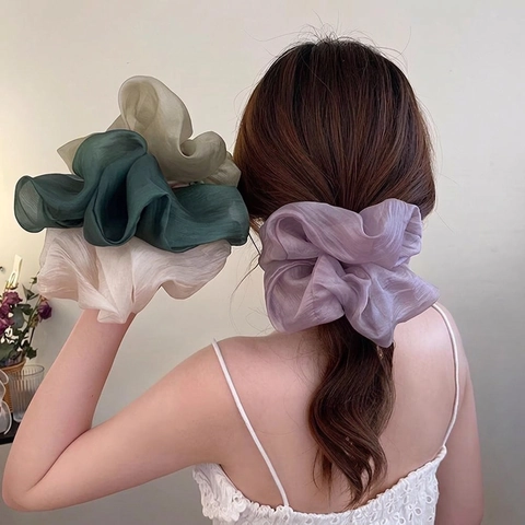 Oversized Organza Scrunchies French Style Shiny Pleated Large Hair Ties Elastic Hair Bands For Women Elegant Ponytail Holder