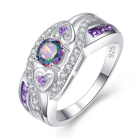 Fashion Heart Shape Copper Ring With Zirconia 925 Silver Plated Purple Sky Blue CZ Stone Wedding Jewelry For Women Gift