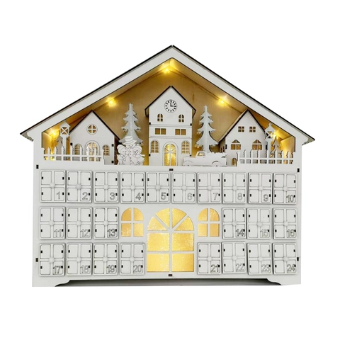 Weihnachtlicher Adventskalender Aus Holz Hausform Mit LED Beleuchtung 24 Schubladen Weißer Countdown Kalender Für Festliche Deko