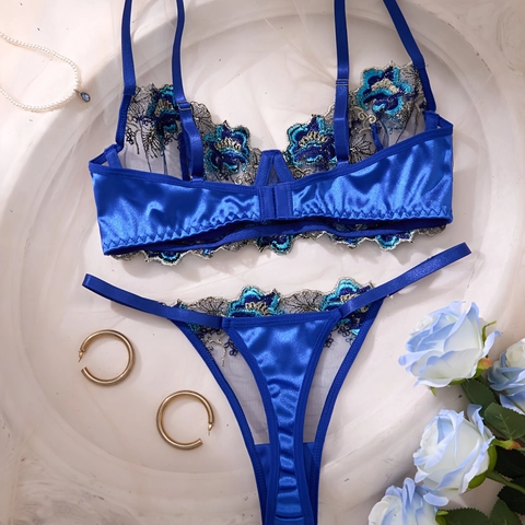 Sexy Florale Bestickte Spitze BH Und Thong Dessous Transparente Mesh Bügel Atmungsaktiv Elegant Für Damen