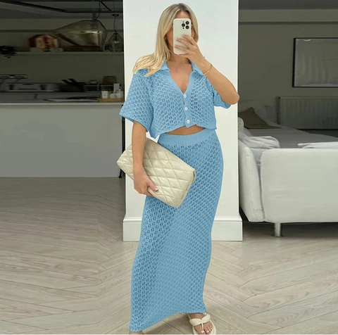 Completo In Maglia All'Uncinetto Da Donna Con Cardigan A Maniche Corte E Gonna Lunga A Vita Alta Vestibilità Slim Elegante