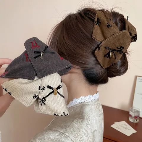 Molletta Per Capelli Con Fiocco Grande Tessuto Acrilico Pinza A Mascella Vintage Stile Coreano Ricamo A Fiocco Pendente Oro Copricapo Elegante
