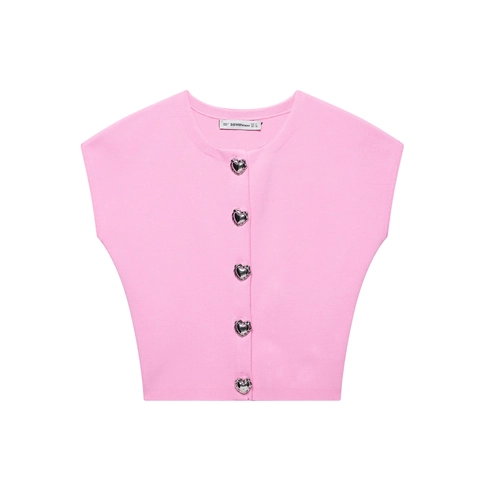 Pink Strickweste Ärmellose Strickjacke Mit Herz Silberknöpfen Rundhals Crop Top Damen Elegant Süß
