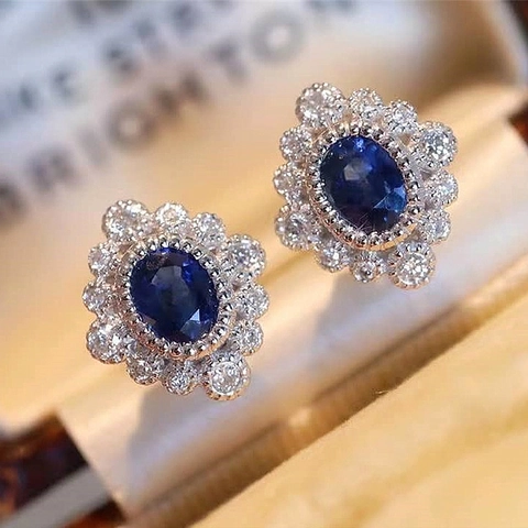 Vintage Oval Zircon Halo Stud Earrings Copper Flower Shaped Blue White Stones Jewelry Accessories For Women Elegant