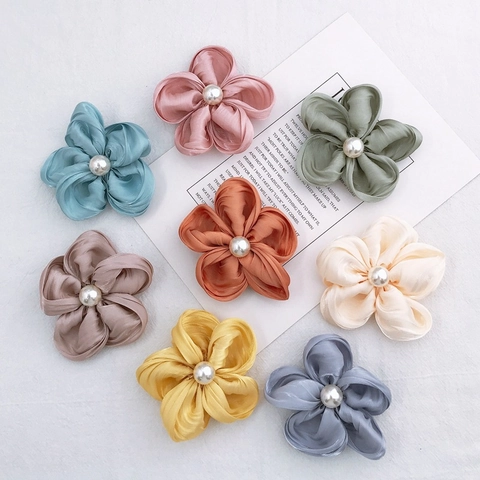Camellia Fabric Flower DIY Jewelry Accessories Handmade Satin Petals With Artificial Pearl For Hair Clips Headwear Crafts