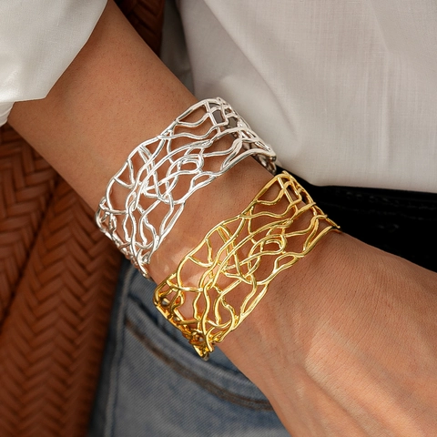 Vintage Διάτρητο Βραχιόλι Cuff Επιχρυσωμένο 18K Χάλκινο Πλεγμένο Σχέδιο Ανοιχτό Ρυθμιζόμενο Κομψό Κόσμημα Για Γυναίκες