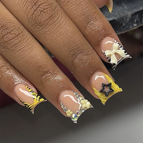 Press On Nails French Zebra Leopard Style With 3D Bow Flower Rhinestone Square False Nails Fashion For Women