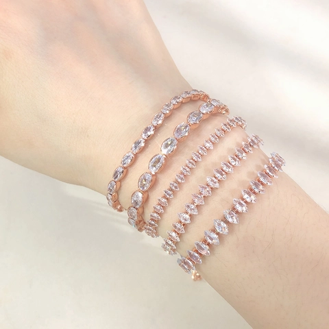 Elegant Marquise Oval Cubic Zirconia Tennis Bracelet Adjustable Copper Gold Plated Jewelry For Women Shiny Fashion