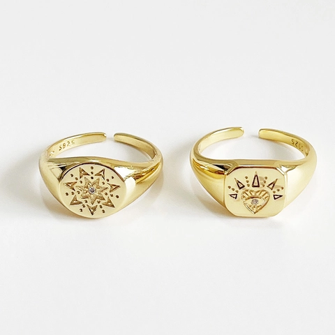 Anello A Sigillo Vintage In Argento Sterling 925 Placcato Oro 18k Regolabile Aperto Motivo Stella Cuore Per Donne