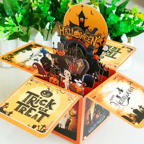 Biglietto Di Auguri Halloween 3D Pop Up Scatola Carta Cartoncino Regalo Per Decorazione Festa Zucca Fantasma Castello
