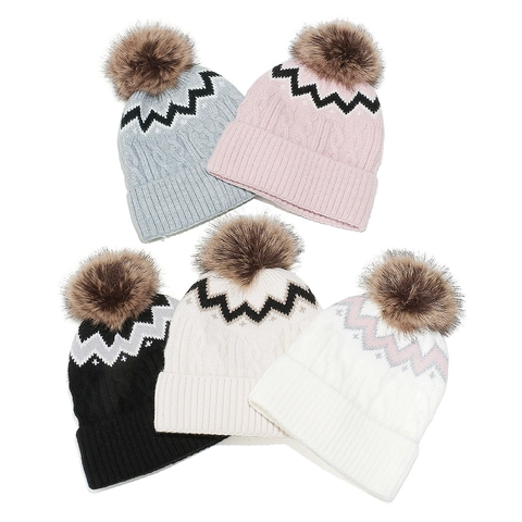 Women's Winter Cable Knit Beanie Hat With Faux Fur Pom Pom Fleece Lined Wave Pattern Warm Acrylic Outdoor Ski Cap