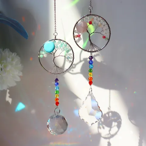 Tree Of Life Suncatcher Handmade Wire Wrapped Crystal Hanging Ornament For Window Garden Rainbow Prism Decor Chakra Beads