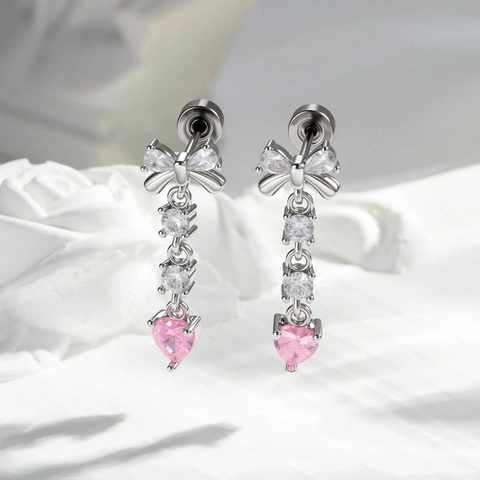 Bowknot Heart Tassel Ear Cartilage Stud Copper Cubic Zirconia Double Headed Screw Back Piercing Earring Elegant Women