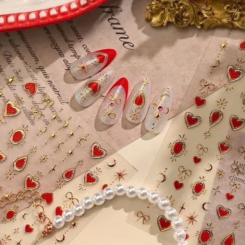 Adesivi Per Nail Art In Rilievo 3D Rosso Oro Cuore Fiocco Stella Luna Autoadesivi Manicure Francese Retrò