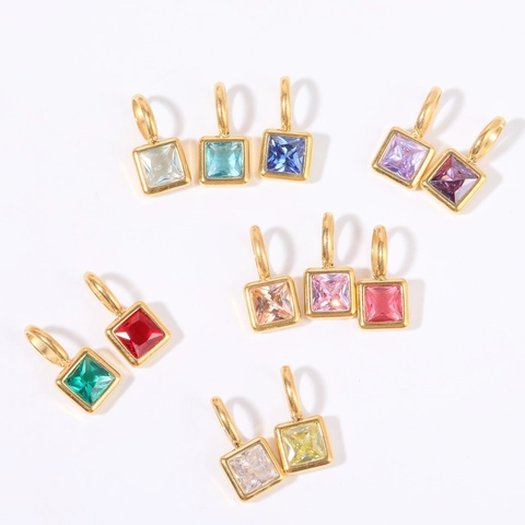 Stainless Steel 12 Birthstones Square Pendant Necklace For Women Colorful Rhinestone Geometric Choker Daily Fashion Jewelry Gift