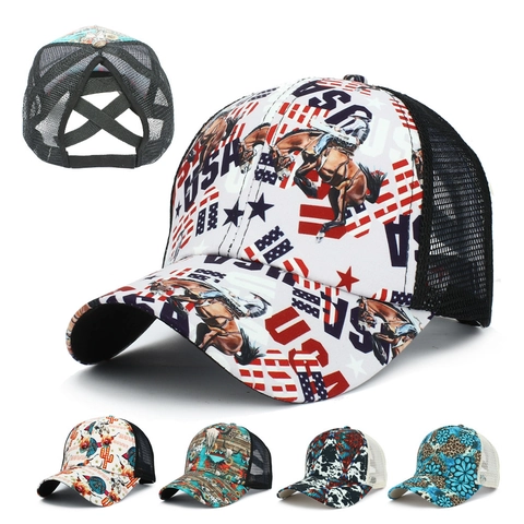 Damen Pferdeschwanz Baseballkappe Mesh Trucker Hat Western Ethno Print Atmungsaktiver Sonnenschutz Outdoor Casual Kopfbedeckung