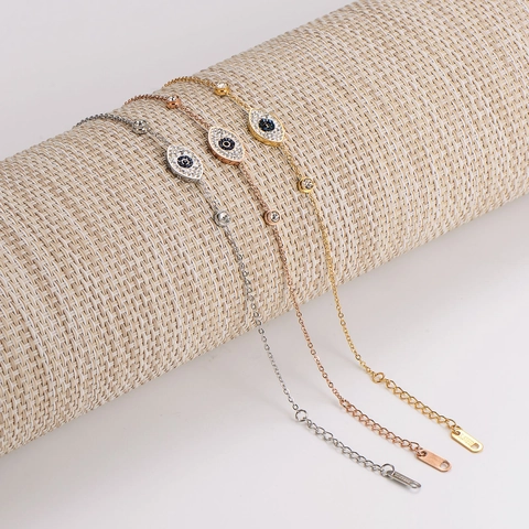 Stainless Steel Evil Eye Bracelet For Women Rhinestone Inlaid Gold Silver Rose Gold Dainty Adjust Chain Fashion Jewelry