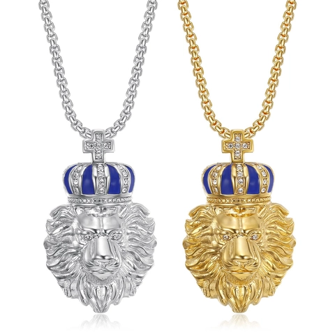 Collana con Ciondolo a Testa di Leone Hip Hop in Acciaio al Titanio con Croce e Strass Intarsiati Gioielli Animali Galvanici per Uomo Donna