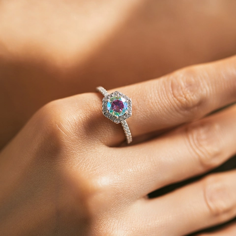 Anello In Argento Sterling 925 Con Zircone Arcobaleno Halo Esagonale Gioielli Di Lusso Geometrici Da Donna
