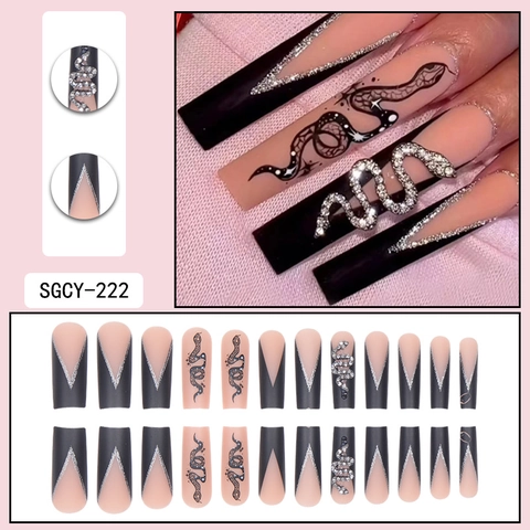 Uñas Postizas Largas Coffin Press On Negro Mate Nude Patrón Serpiente Brillo Plateado Serpiente Brillantes 3D Gótico
