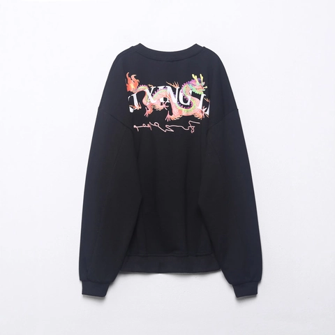 Felpa Da Donna Girocollo Maniche Lunghe Misto Cotone Acrilico Stampa Drago Cinese Streetwear Nero