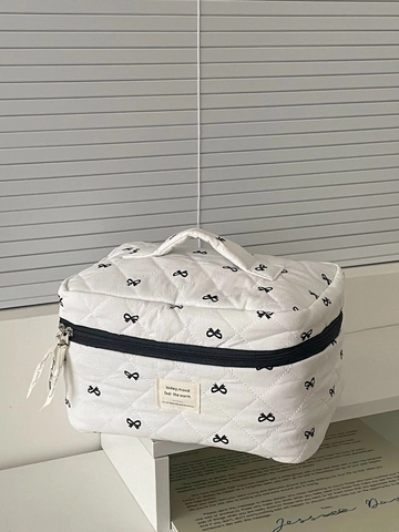 Trousse De Maquillage En Coton Matelassé Motif Nœud Noir Organisateur De Voyage Style Coréen Sac À Cosmétiques