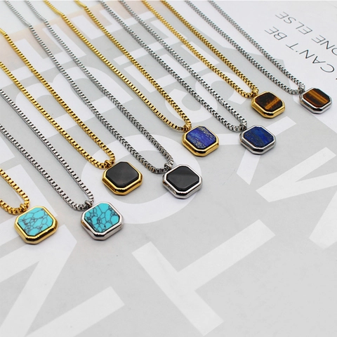 Square Geometric Pendant Necklace Stainless Steel Titanium Venetian Chain Lapis Lazuli Tiger Eye Stone Women Elegant Jewelry
