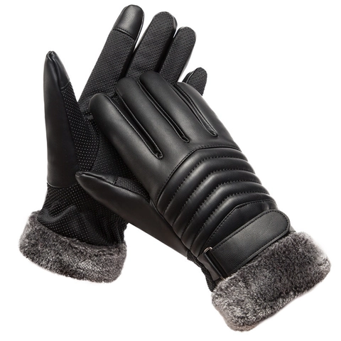 Men Winter Warm PU Leather Gloves With Faux Fur Cuff Fleece Lined Touchscreen Windproof For Outdoor Riding