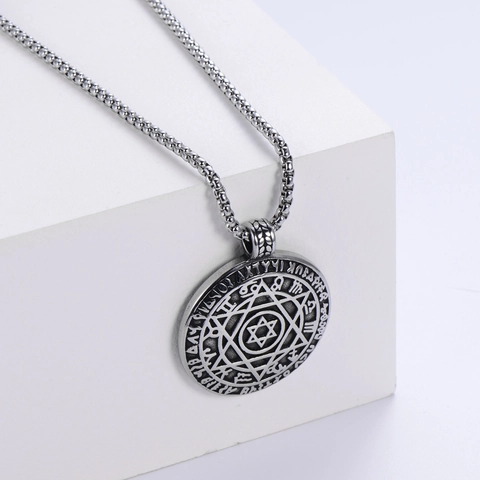Round Hexagram Pendant Necklace 304 Stainless Steel Vintage Carved Solomon Seal Star Of David Punk Style For Men