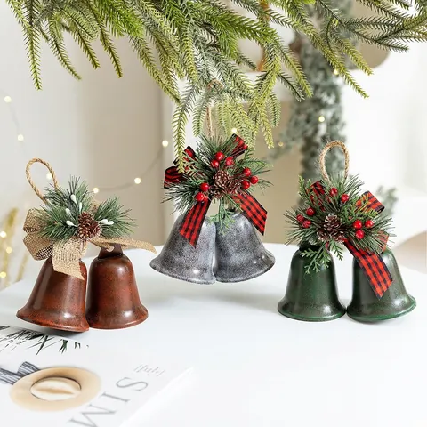 Christmas Bell Hanging Ornaments Metal Vintage Bow Pine Cone Berry Rustic Xmas Tree Decorations Home Holiday Decor