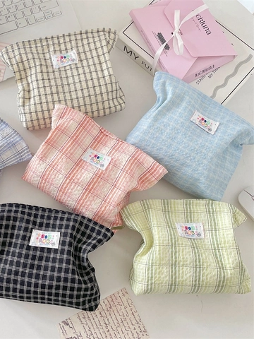 Geruite Cosmetische Tas Polyester Canvas Rasterpatroon Rits Reis Toiletartikelen Organizer Tas Voor Vrouwen Zoete Koreaanse Stijl